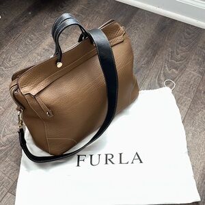 Furla Tan Leather Shoulder Bag with Black Strap